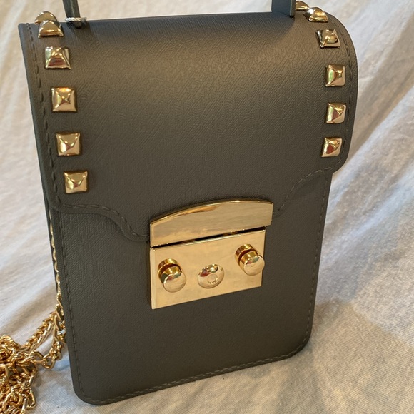 Elegant Gold RockStudded, Chain Strap, Crossbody Top Handle Bag Steel Gray NWT - Picture 14 of 14